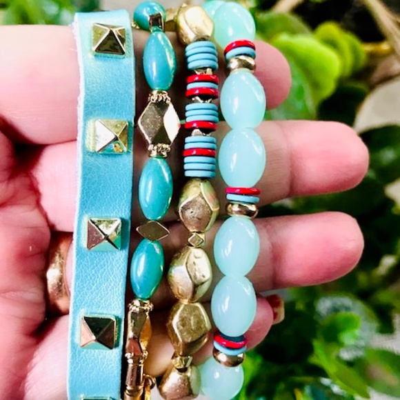 ERIMISH BRACELETS ⭐️ New SEA-MIST GOLD PYRAMID STUDDED LEATHER 4 PC STACK NWT - Picture 3 of 15